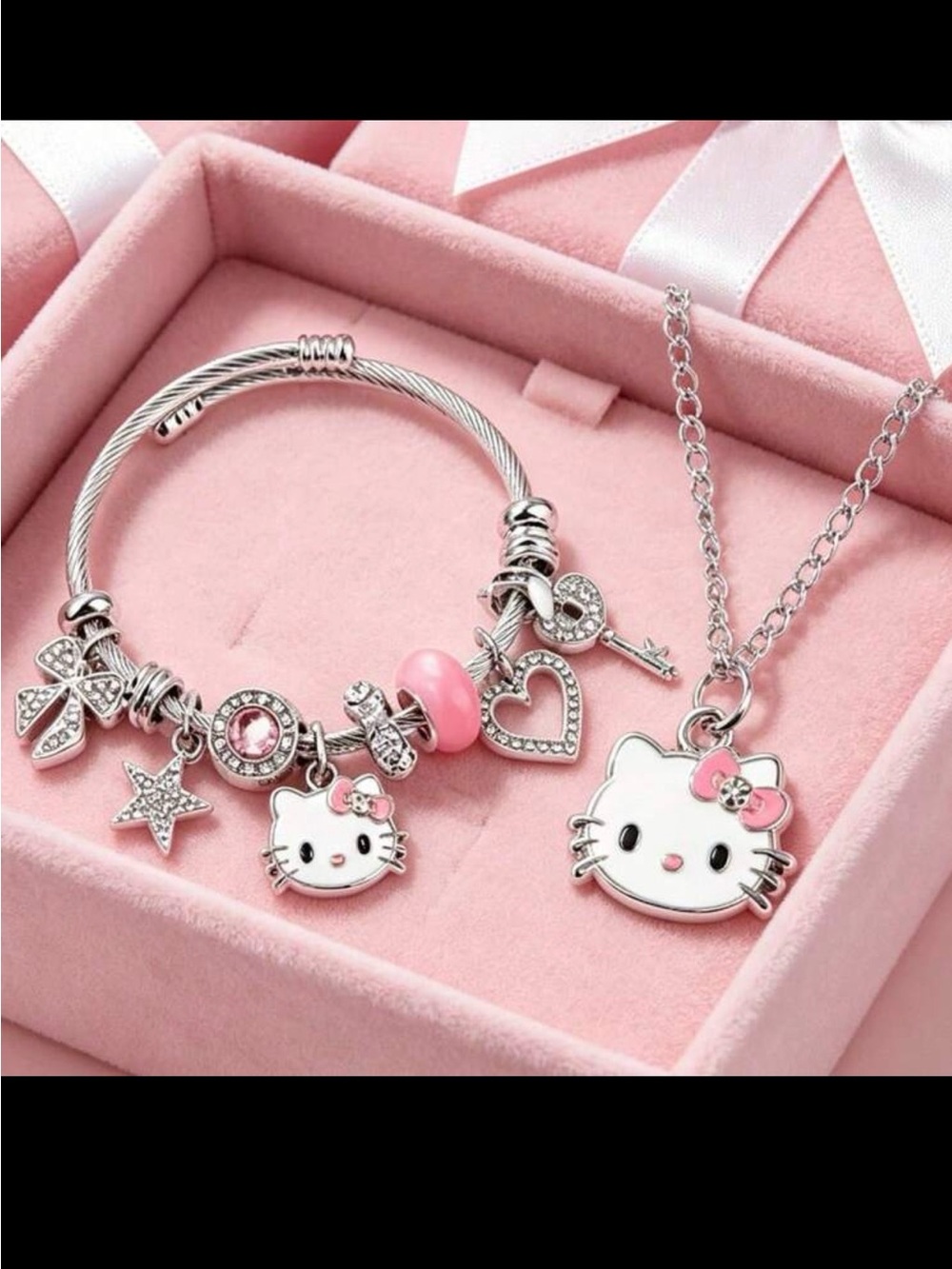 Hello Kitty Pink & Silver Charm Bracelet and Necklace Set
